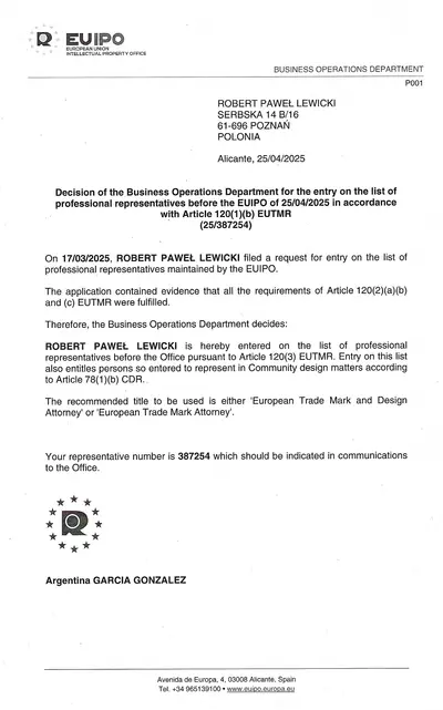 decyzja euipo znak towarowy wzór przemysłowy pełnomocnik Robert Lewicki