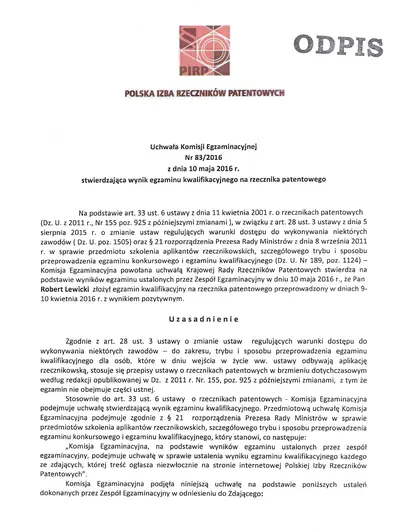 wynik egzaminu kwalifikacyjnego rzecznik patentowy Robert Lewicki